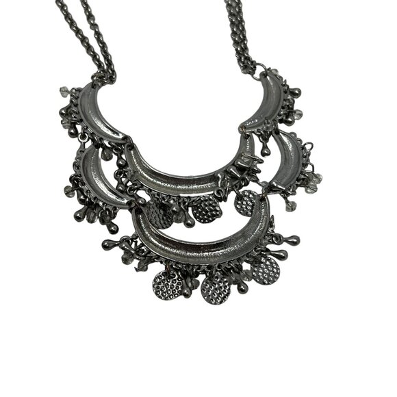 Statement Egyptian Necklace Silver Tone Moon Shaped Stations with Hanging Beads - Picture 9 of 9